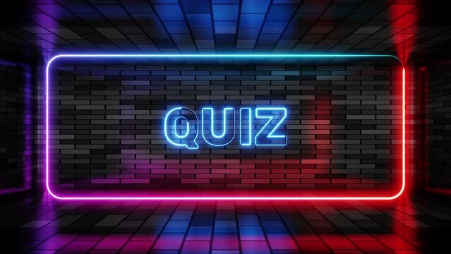 Neon sign quiz in speech bubble frame on brick wall background 3d render. Light banner on the wall background. Quiz loop trivia night questions, design template, night neon signboard