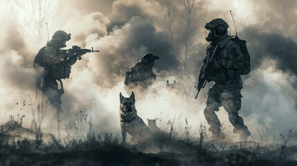 Special forces and military soldiers with dogs.