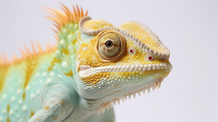 close-up of a chameleon covered in a flower set against a stark white background