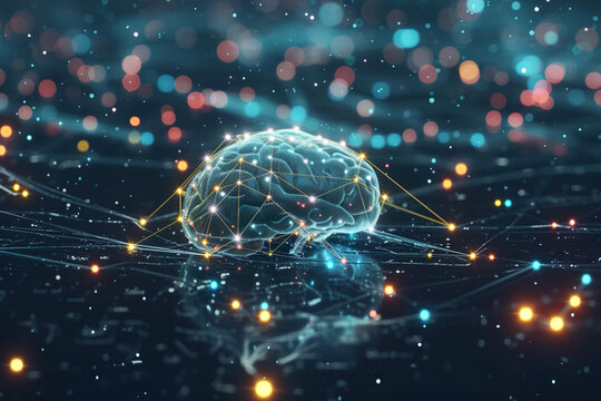 A computer generated image of a brain surrounded by glowing dots and lines