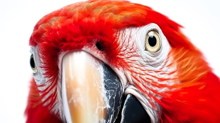 Fototapeta premium An isolated close-up of a scarlet macaw against a stark white background