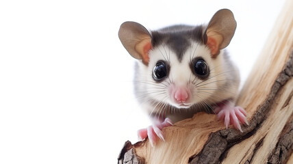 Fototapeta na wymiar close-up of a sugar glider perching on wood, isolated against a stark white background