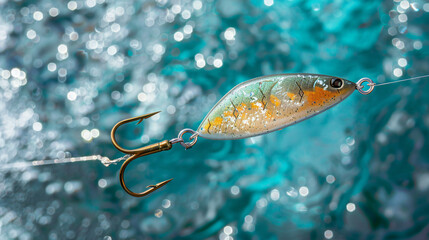 Spoon bait on a fishing line. Blue water background. - obrazy, fototapety, plakaty