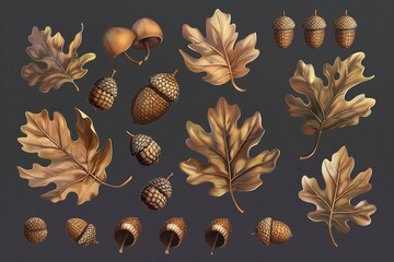 Set of oak leaves and acorns - obrazy, fototapety, plakaty