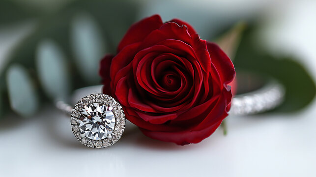 Elegant diamond ring beside a vibrant red rose, showcasing luxury and romance. This image is perfect for: engagement, love, romance, luxury, jewelry.