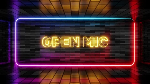 Neon sign open mic in speech bubble frame on brick wall background 3d render. Light banner on the wall background. Open mic loop stand up show, design template, night neon signboard