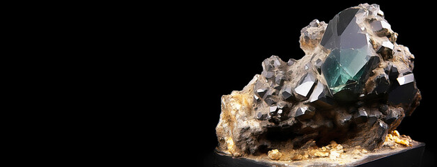 Antozonite is a rare precious natural stone on a black background. AI generated. Header banner mockup with space.