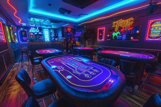 A cyberpunk saloon with holographic poker tables and neon signage
