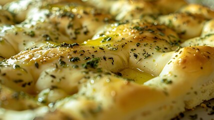 A close-up of freshly baked focaccia bread, sprinkled with herbs and olive oil