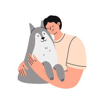 Man is holding a cute husky dog in his hands. Pet owner. Flat vector illustration.