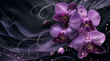 Fototapeta na wymiar elegant wallpaper with purple orchids and silver swirls on a black background