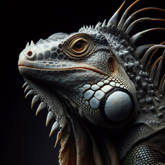 Fototapeta premium Iguana isolated on black background. World of reptiles. AI generated
