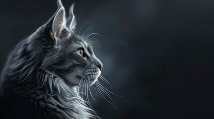 Maine Coon cat on a dark background, copy space, realistic - generative ai