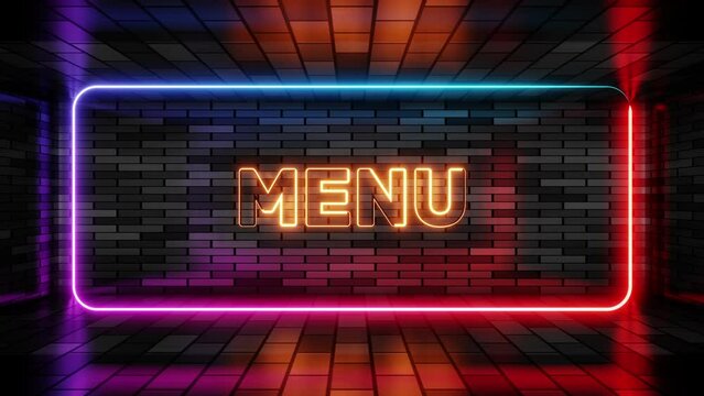 Neon sign menu in speech bubble frame on brick wall background 3d render. Light banner on the wall background. Menu loop for fast food or restaurant, design template, night neon signboard