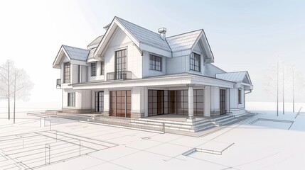 Detailed Drawing of a House With Many Windows