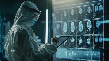 Man in Protective Suit Examining Computer Screen