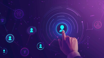 Person Touching Button on Purple Background