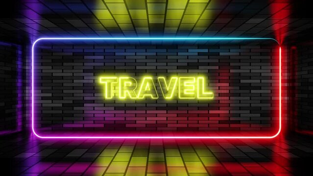 Neon sign travel in speech bubble frame on brick wall background 3d render. Light banner on the wall background. Travel loop tourism and hotels, design template, night neon signboard