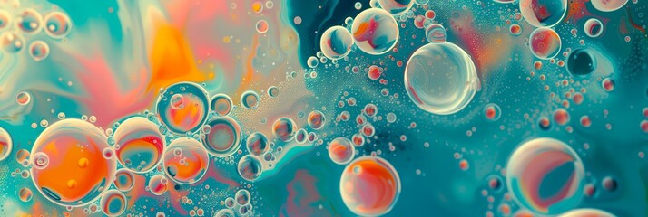 Vibrant Abstract Oil Bubbles Floating on Water with a Rainbow of Colors, Representing Creativity and Science