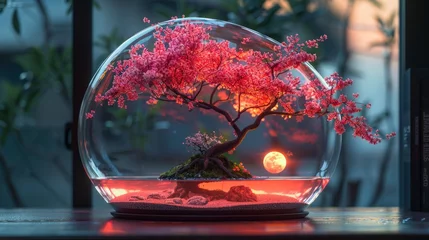 Türaufkleber Pink Bonsai Tree in Glass Bowl on Table © Rene Grycner