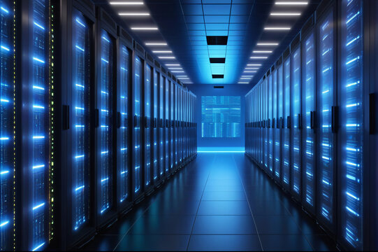 Server room data center. Backup, mining, hosting, mainframe and computer rack with storage information. 3d render