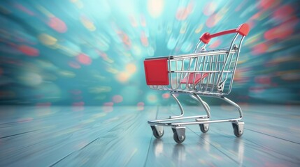 Red Handled Shopping Cart on Wooden Floor