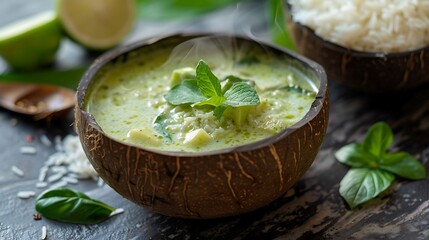 A steaming bowl of fragrant Thai green curry served in a coconut shell bowl, with jasmine rice on the side - obrazy, fototapety, plakaty