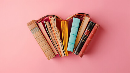 Beautiful Hardcover Books Arranged in Heart Shape, Symbolizing Love for Literature and Reading on Pink Background, Romantic or Affectionate Concept, Book Spines Outward, Creative and Colorful Arrangem - obrazy, fototapety, plakaty