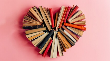 Beautiful Hardcover Books Arranged in Heart Shape, Symbolizing Love for Literature and Reading on Pink Background, Romantic or Affectionate Concept, Book Spines Outward, Creative and Colorful Arrangem - obrazy, fototapety, plakaty