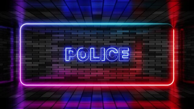 Neon sign police in speech bubble frame on brick wall background 3d render. Light banner on the wall background. Police office loop cops and crime, design template, night neon signboard