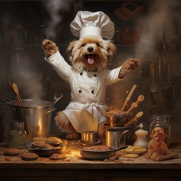 Dog wearing a chefs outfit, complete with a chefs hat and apron, holding a cooking utensil. Generative AI
