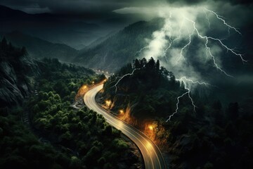 Winding curvy rural road with light trail from headlights leading through the British countryside,...