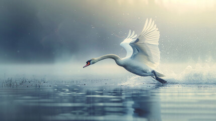 Swan taking off from the surface of the water. - obrazy, fototapety, plakaty