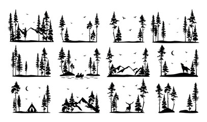 collection of mountain landscape silhouettes with tall pine trees vector. two people in a boat vector silhouette. eps 10
