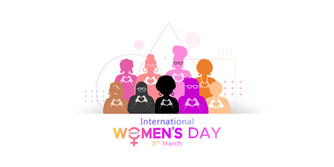 Diversity of womens with International women's day Typography design background. women's day campaign theme. Creative banner poster and greeting card design.