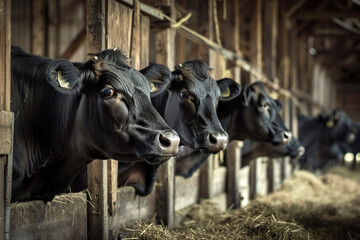 Dairy cows munching on hay in a barn as working animals - obrazy, fototapety, plakaty