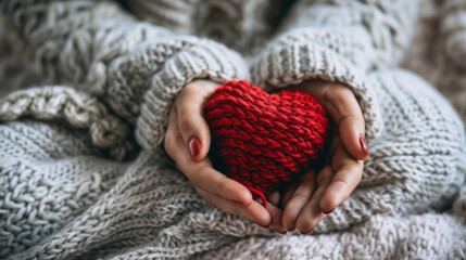 Cozy Knit Sweater-Wearing Hands Gently Holding A Red Knitted Heart Symbolizing Love, Compassion, and Care - A Warm and Heartful Scene With Focus on Love and Giving - Common tenderness in a Comforting 