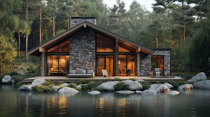 Rustic cabin with stone walls and wooden roof. Forest and lake scenery. Photorealistic 3D rendering.