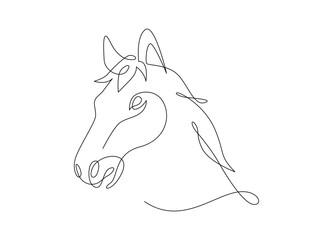 Continuous line drawing horse portrait face, Side view single linear decorative design concept. Horse linear minimal style, Hand drawn isolated on white background. Vector design illustration.