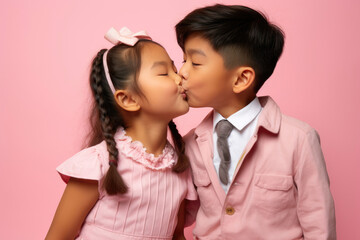 Two children in pink outfits sharing a kiss, evoking innocence and childhood affection against a soft pink background.