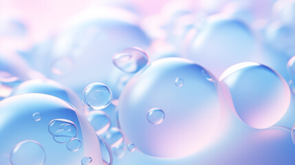 Delikatne różowo - niebieskie tło z bańkami mydlanymi - abstrakcyjne 3d matowe bąbelki z cieczą wodą - obrazy, fototapety, plakaty