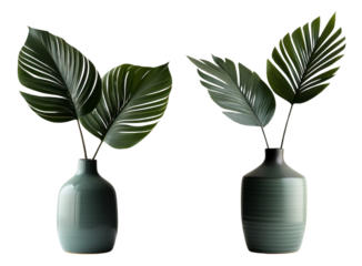 Set of various tropical leaf in ceramic vases with transparent background.
