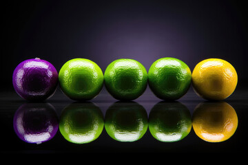 Vibrant lineup of citrus fruits with reflections on a glossy surface, showcasing green limes, a purple fruit, and a golden lemon against a moody backdrop.