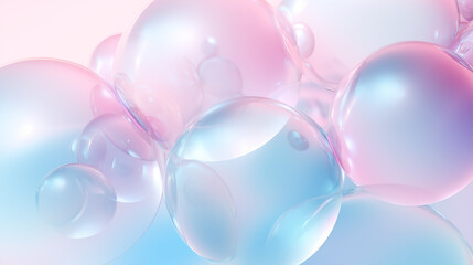 Delikatne różowo - niebieskie tło z bańkami mydlanymi - abstrakcyjne 3d matowe bąbelki z cieczą wodą - obrazy, fototapety, plakaty