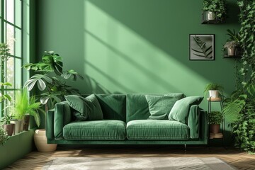 Contemporary Home Interior with Green Theme and a Variety of Houseplants"