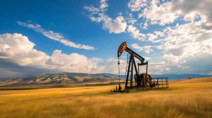Fototapeta na wymiar Industrial oil pump jack in golden wheat field with rolling hills under a dramatic sky, symbolizing energy resources and agriculture, with space for text