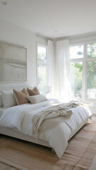 Well-lit bedroom with large windows, a white bed with beige accent pillows, a jute rug, and a painting over a white wall
