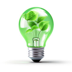 Light bulb with green leaves energy sources for renewable, sustainable development, isolated on white. Ecology, save energy and sustainability concept.