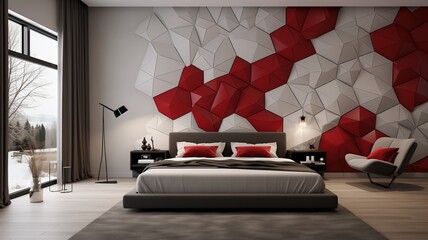 A contemporary 3D wall design in the bedroom with ruby and white hexagonal tiles, arranged in a geometric pattern to create a visually stunning feature wall that enhances the room's decor.