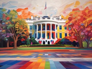 "Abstract Political Spectra: AI-Infused Colors Transform a White House Painting, Capturing the Ever-Changing Political Landscape in Vibrant Hues"